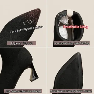 Pointed toe high heel knit ankle boots for women featuring breathable fabric and 7cm heel