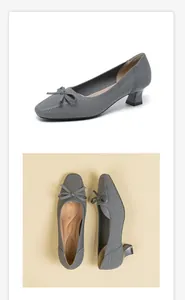 Elegant grey knitted chunky heel pumps with bow tie detail and square toe design