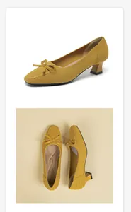 Detail view of yellow knitted square toe pumps with bow tie and chunky heels