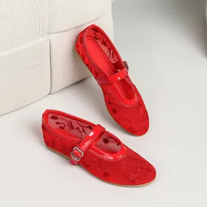 Elegant red embroidered mesh Mary Jane shoes with buckle strap for bridal or party wear.
