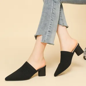 Women's elegant black pointed toe knitted block heel mules with breathable hollow texture