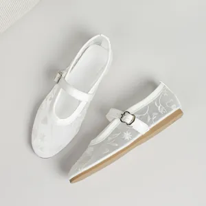Elegant white mesh Mary Jane shoes featuring delicate floral embroidery and a flat sole