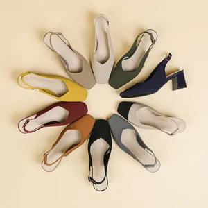 Women Knit Fabric Slingback Sandals Square Toe Block Heel Breathable Hollow Out Pumps Office Lady Dress Shoes Elegant Footwear