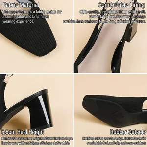 Black square toe slingback pumps with breathable fabric upper and 5.5cm block heel