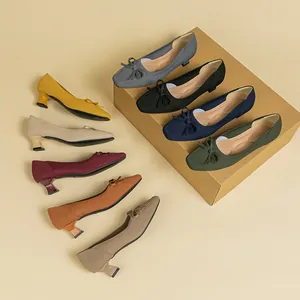 Women Bow Knot Knit Square Toe Block Heel Pumps Fashion Shallow Mouth Slip On Dress Shoes Large Size Elegant Office Heels