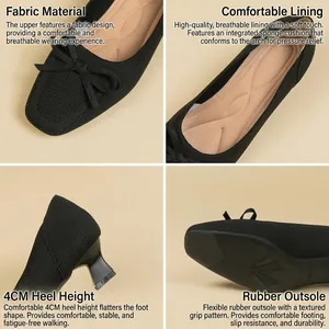 Elegant black knitted square toe pumps with bow detail and 4cm comfortable block heel.