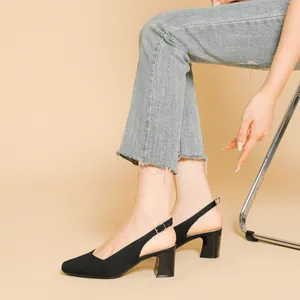 Elegant black square toe slingback block heels for women with breathable mesh upper