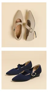 Detail view of stylish knit Mary Jane low heel shoes with elegant metal buckle strap