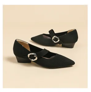 Elegant black pointed toe knit Mary Jane shoes with silver buckle low heel detail