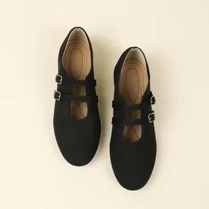 Elegantes manoletinas Mary Jane de malla transpirable negra con doble hebilla ajustable