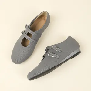 Elegantes manoletinas Mary Jane de malla gris transpirable para mujer con doble hebilla