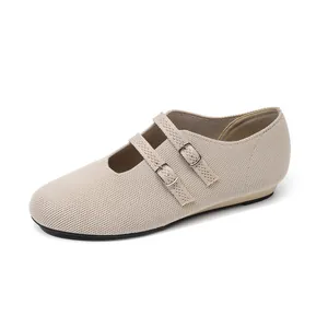 Bailarinas Mary Jane beige de malla transpirable para mujer con doble hebilla y suela antideslizante