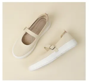 Top and side view of comfortable beige knit Mary Jane shoes with soft anti-slip soles.