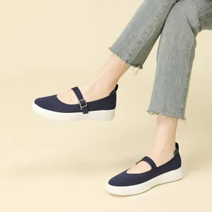 Comfortable navy blue knitted Mary Jane shoes with breathable mesh and soft white soles