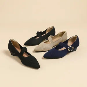 Women Pointed Toe Knitted Mary Jane Shoes Knitted Fabric Breathable Low Block Heel Single Strap Buckle Flats Casual Dress Shoes