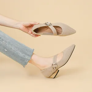 Elegant beige knitted pointed toe Mary Jane shoes with block heel and buckle strap.