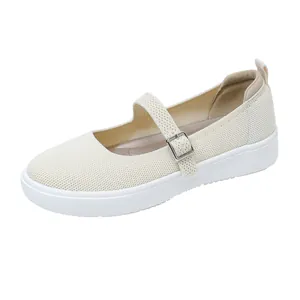Breathable off-white fly-knit Mary Jane casual flats with a soft white non-slip sole