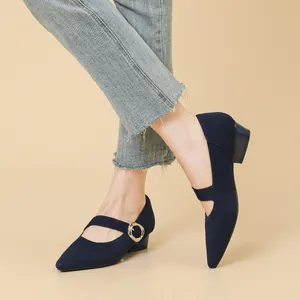 Navy blue knit pointed toe Mary Jane flats with silver buckle strap and low heel.