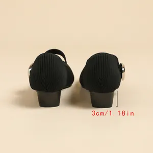 Stylish black knitted Mary Jane shoes with a 3cm low block heel and back view details.
