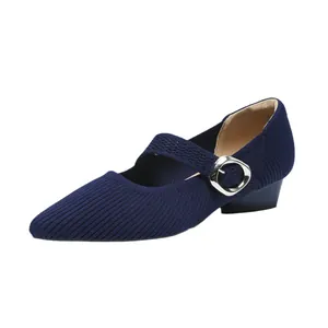 Navy blue pointed-toe knit Mary Jane pump with silver buckle and low block heel.