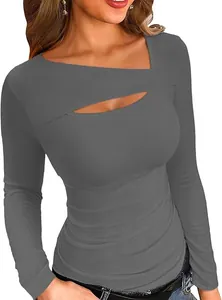 Maglietta da Donna Aderente in Maglia a Costine Scollo Irregolare con Cut-out Top a Maniche Lunghe Moda Asimmetrica Tinta Unita