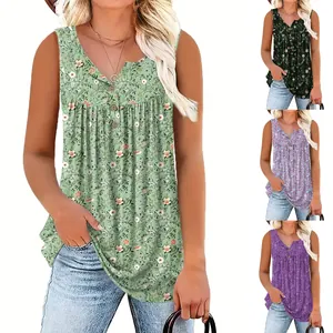 Set of sleeveless floral print tunic tops for women in green, purple, and black styles.