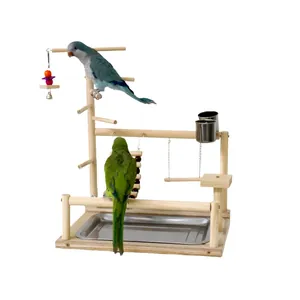 Terrain de Jeux pour Perroquets en Bois Perchoir Avec Échelle Balançoire et Mangeoires en Acier Inoxydable pour Petits Oiseaux