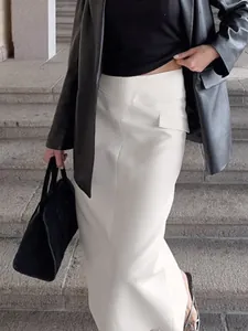 Elegant white high waist slit pencil midi skirt for women office commuter style