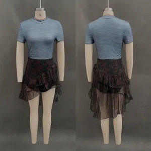 Detailed front and back view of light blue t-shirt and floral ruffle skirt two-piece set