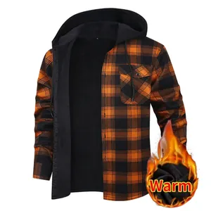 Men's orange plaid hooded shirt with warm fleece lining and chest pocket