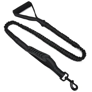 Black reflective bungee dog leash with dual handles for shock absorption and control