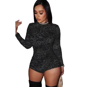 Sexy leopard print long sleeve slim fit bodysuit for women