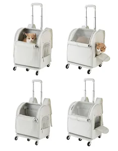 Detailed views of portable white pet trolley backpack with cat and mesh windows.