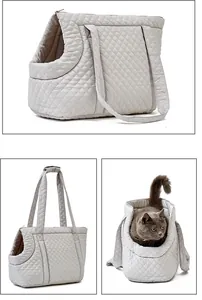 Detail views showing the quilted cotton texture and cat inside the grey pet carrier