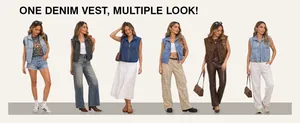 Detail view showing a variety of styling options for the zippered denim vest