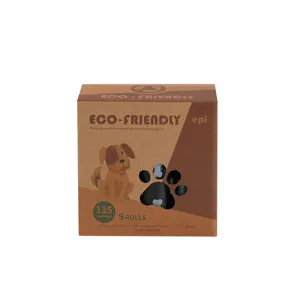 Detail view of eco-friendly EPI biodegradable dog poop bags 135 count 9 rolls in packaging