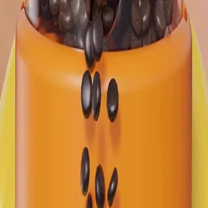 Close-up macro shot of brown pet treats falling from a bright orange whale slow feeder toy