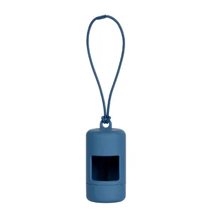 Close-up detail of the durable blue silicone dog poop bag dispenser with an adjustable lanyard