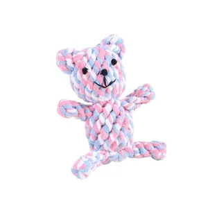 Detailansicht des langlebigen rosa-blauen Baumwollseil-Bären-Spielzeugs für Hunde