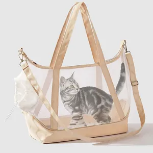 Breathable beige mesh pet carrier bag for cats with comfortable shoulder strap