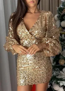 Sparkling gold sequin long sleeve deep V-neck bodycon mini cocktail dress for party