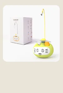 Close-up of the lemon yellow cat-faced tumbler toy and its original white product packaging.