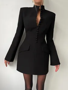 Elegant black slim-fit blazer dress featuring long sleeves and a sophisticated stand collar