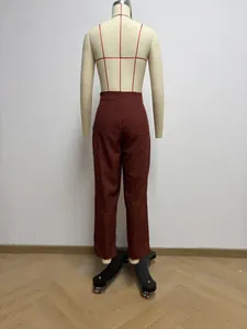 Back view of elegant high-waisted burgundy straight-leg trousers displayed on a dress form