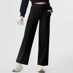 Professional view of high-waisted black yoga pants with side pocket and comfortable straight-leg fit