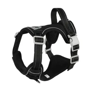 Side view of a black reflective dog harness vest with mesh padding and grey buckles.