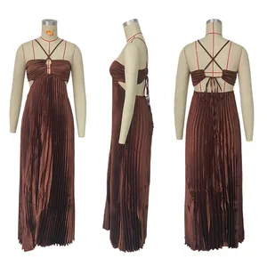Three-way detail view showing front side and back of brown pleated spaghetti strap maxi dress