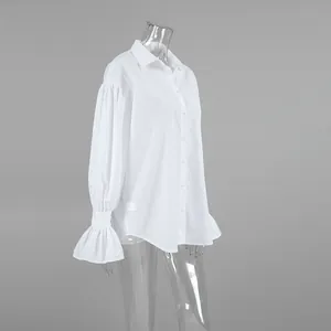 Elegant white French style long sleeve shirt with unique lantern sleeves and flared cuffs