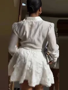 Women Top And Bottom Set White Long Sleeve Button Shirt And Floral Lace Mini Skirt Summer Elegant Commuter Fashion Clothing