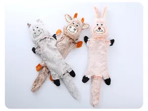 Plush animal-shaped dog chew toys featuring rabbit, cow, and donkey designs on white.